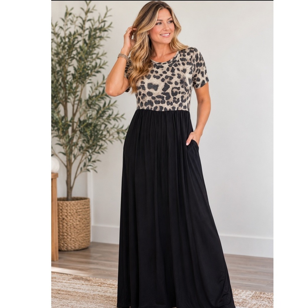 Celeste Maxi Dress Small Black Leopard Print Short Sleeve Empire Waist Pockets